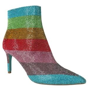 Betsey Johnson Rainbow Rhinestone Emmy Pointed Toe Ankle Boots 8M Glam Mob Wife